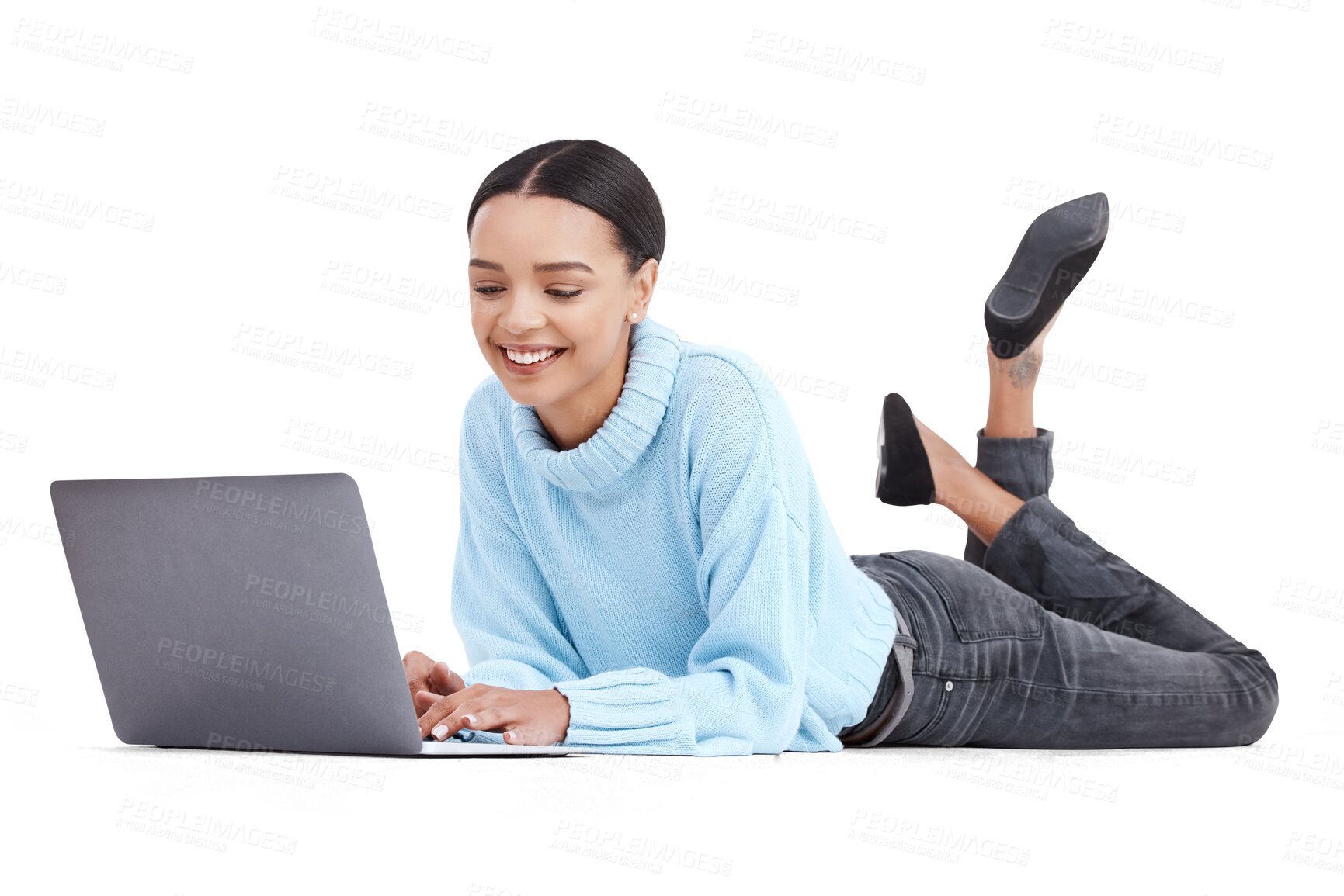 Buy stock photo Laptop, relax and woman typing online for website on isolated, png and transparent background. Student, digital learning and happy female person on computer for research, project and browse internet