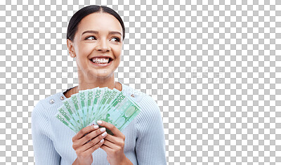 Buy stock photo Happy, finance and winner with woman and money on png for prize, success or investment. Wow, dollar and bonus with person and cash isolated on transparent background for savings, profit or lottery