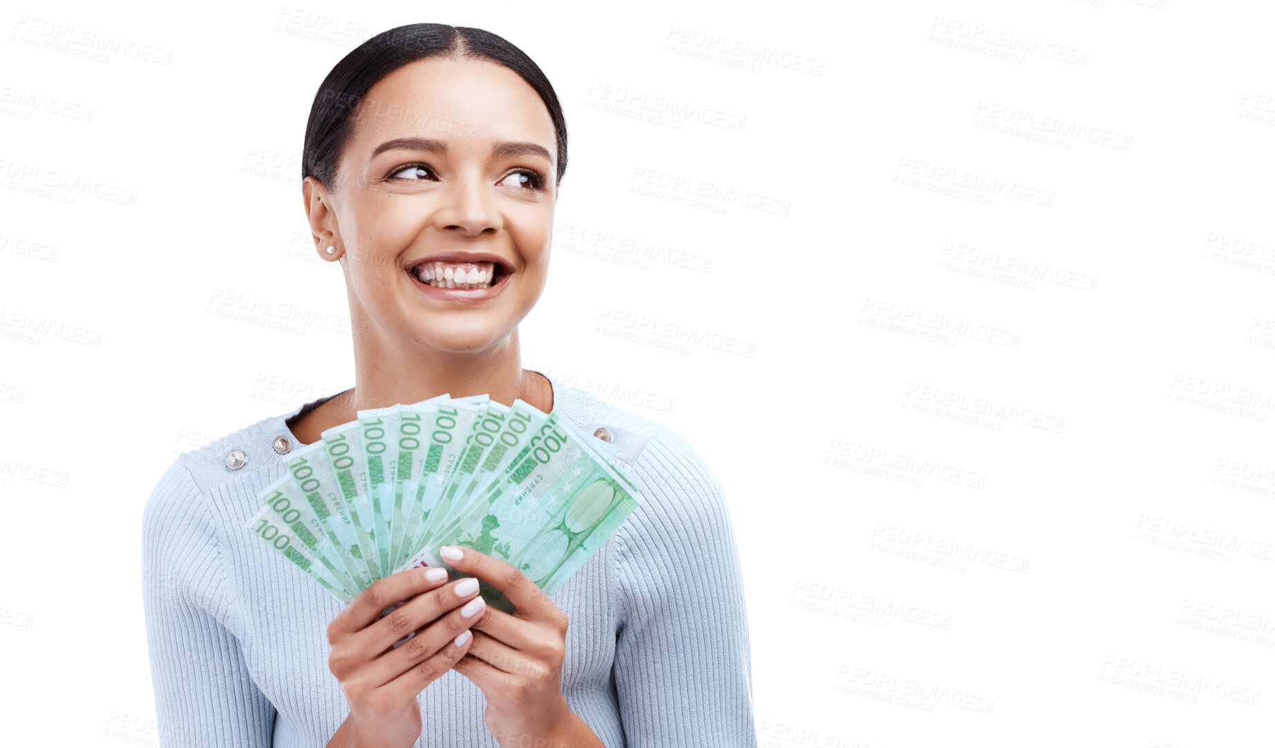 Buy stock photo Happy, finance and winner with woman and money on png for prize, success or investment. Wow, dollar and bonus with person and cash isolated on transparent background for savings, profit or lottery