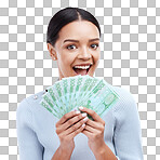 Money, face portrait or woman excited for lottery win, competition giveaway or euro cash award. Finance trading person, financial freedom or prize winner with wow studio payment on white background