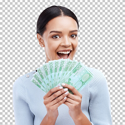 Money, face portrait or woman excited for lottery win, competition giveaway or euro cash award. Finance trading person, financial freedom or prize winner with wow studio payment on white background
