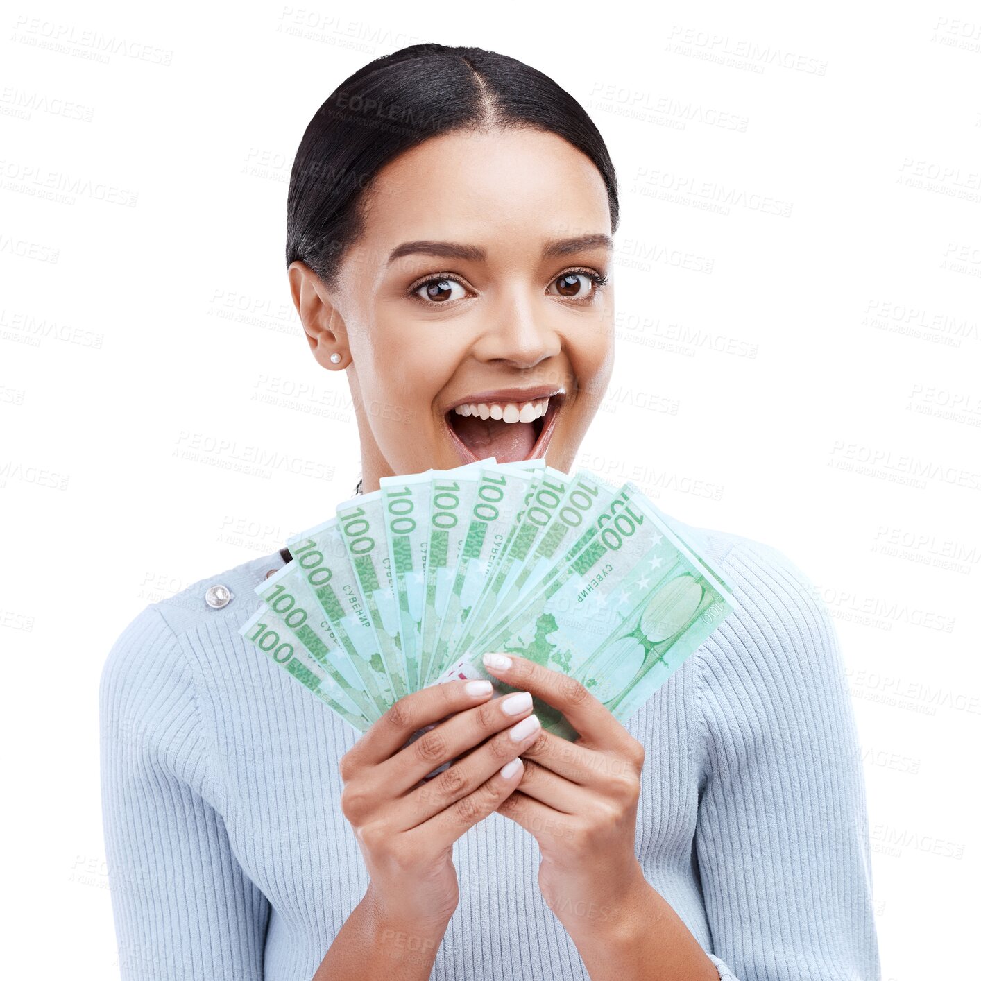 Buy stock photo Excited, woman and money fan with financial freedom, winning and bonus isolated on transparent png background. Cash prize, female winner and reward with finance, achievement and happy with cashback