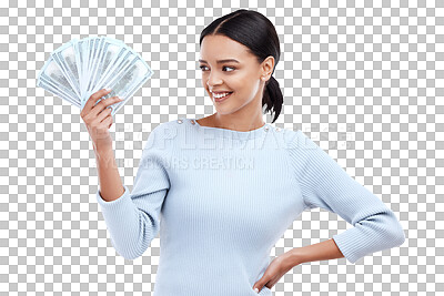Buy stock photo Bonus, happy and winner with woman and money on png for prize, success or investment. Wow, dollar and finance with person and cash isolated on transparent background for savings, profit or lottery