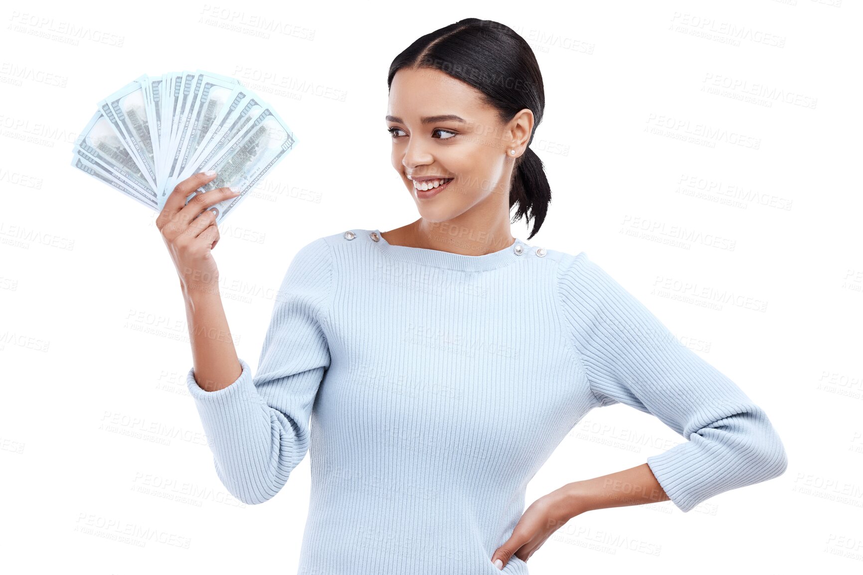 Buy stock photo Bonus, happy and winner with woman and money on png for prize, success or investment. Wow, dollar and finance with person and cash isolated on transparent background for savings, profit or lottery