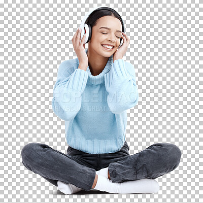 Music headphones, woman and smile in white background, isolated studio and floor. Happy female model listening to sound, streaming album and audio connection of song, podcast subscription and radio