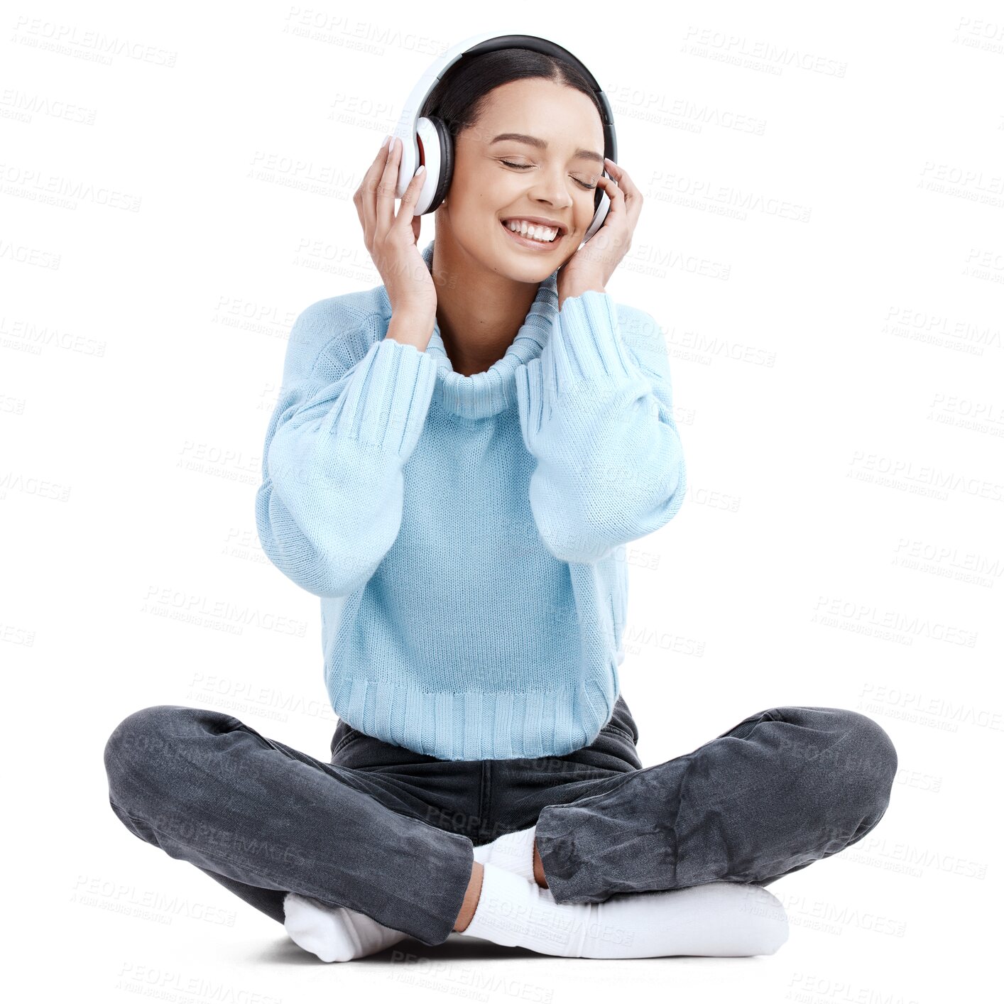 Buy stock photo Happy woman, headphones and listening to music sitting isolated on a transparent PNG background. Calm female person or model enjoying audio streaming app, sound track or podcast and radio connection