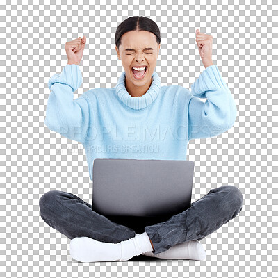 Buy stock photo Happy woman, laptop and fist pump in celebration for winning sale isolated on a transparent PNG background. Excited female person with technology for promotion discount, prize or good news in success