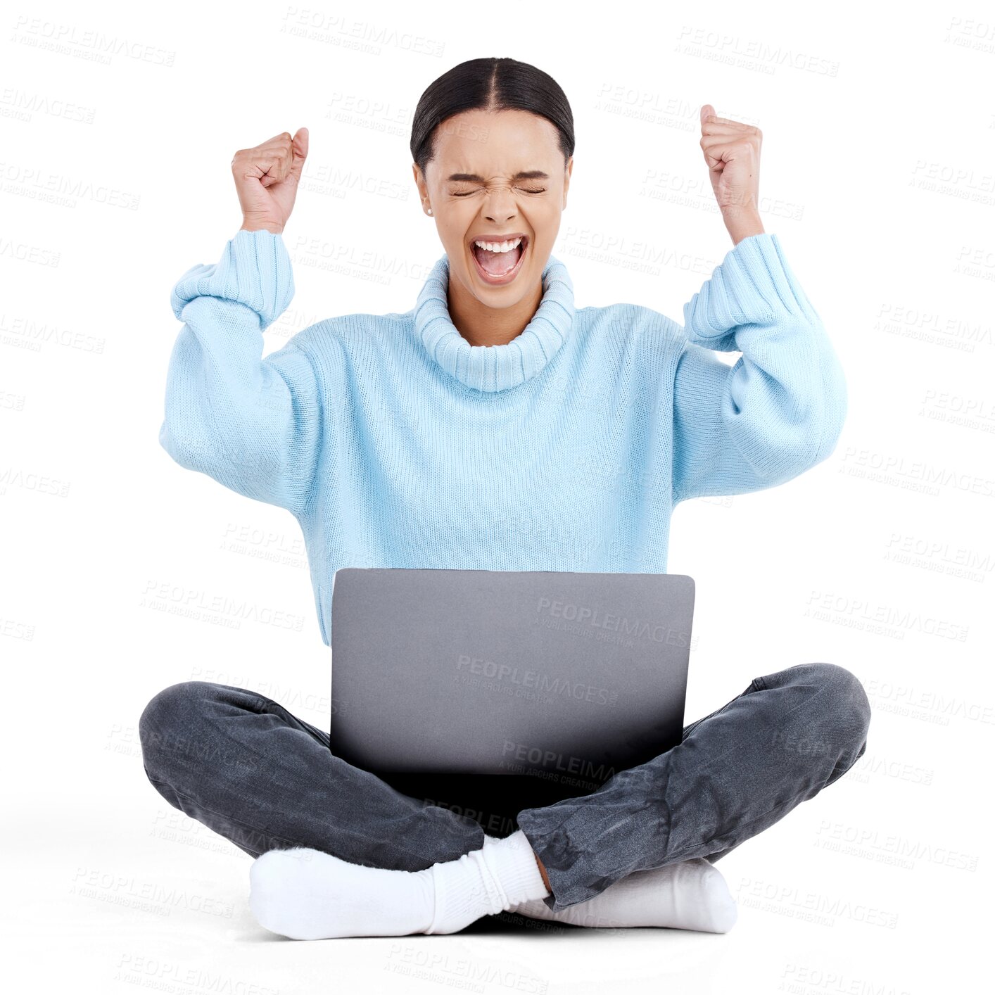 Buy stock photo Happy woman, laptop and fist pump in celebration for winning sale isolated on a transparent PNG background. Excited female person with technology for promotion discount, prize or good news in success