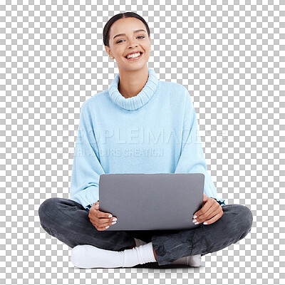 Business woman, portrait and laptop in a studio with happiness from student work. Isolated, white background and happy female working on a computer ready for studying and web learning on ground