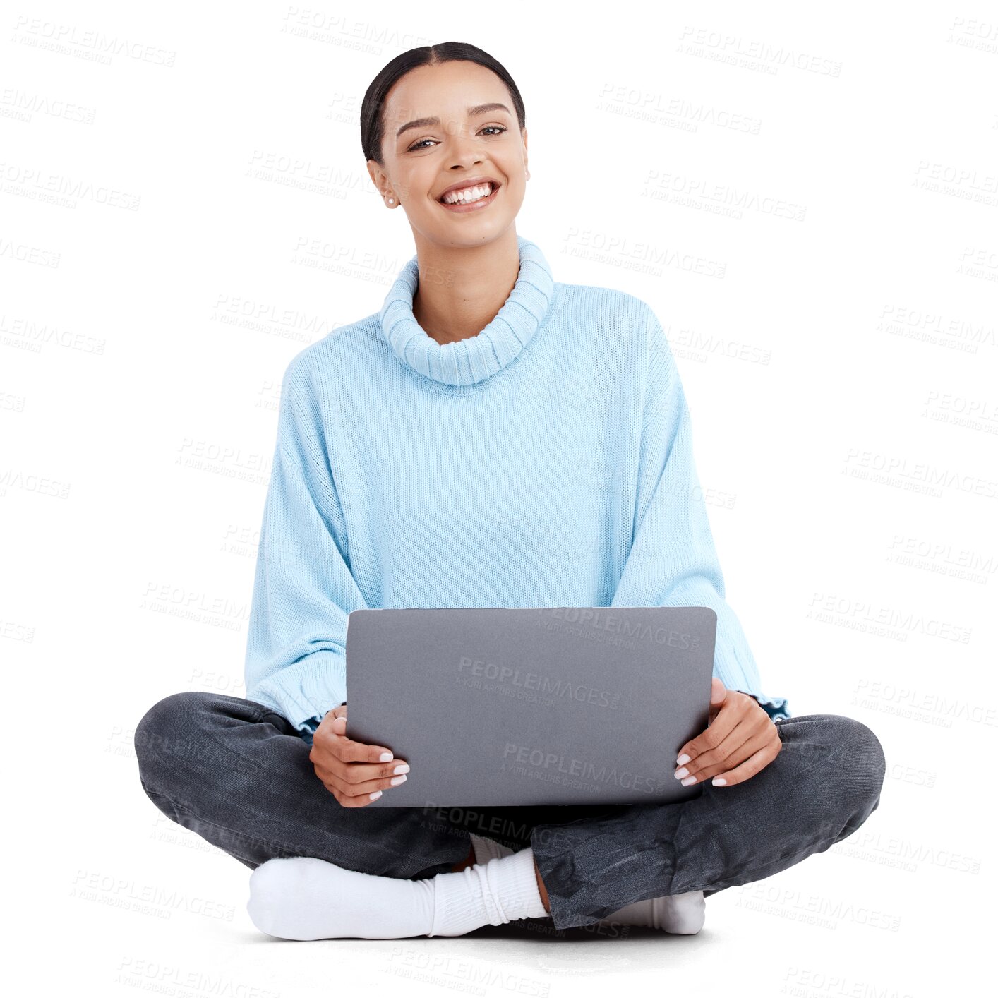 Buy stock photo Laptop, happy and portrait of woman online for website on isolated, png and transparent background. Student, digital learning and female person smile with computer for research, project and internet