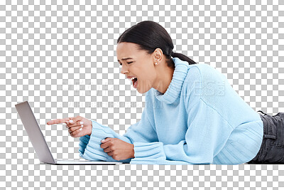 Buy stock photo Laptop, angry woman and pointing feeling frustrated, upset or stress from email scam isolated on a transparent PNG background. Female person in computer spam, tech problem or phishing on the ground