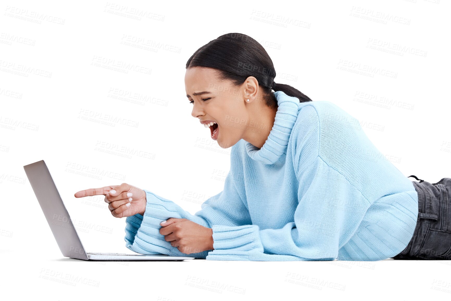 Buy stock photo Laptop, angry woman and pointing feeling frustrated, upset or stress from email scam isolated on a transparent PNG background. Female person in computer spam, tech problem or phishing on the ground