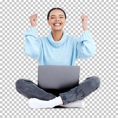 Buy stock photo Happy woman, laptop and fist in celebration for winning isolated on a transparent PNG background. Portrait of female person with technology for promotion, bonus or discount sale in victory or success