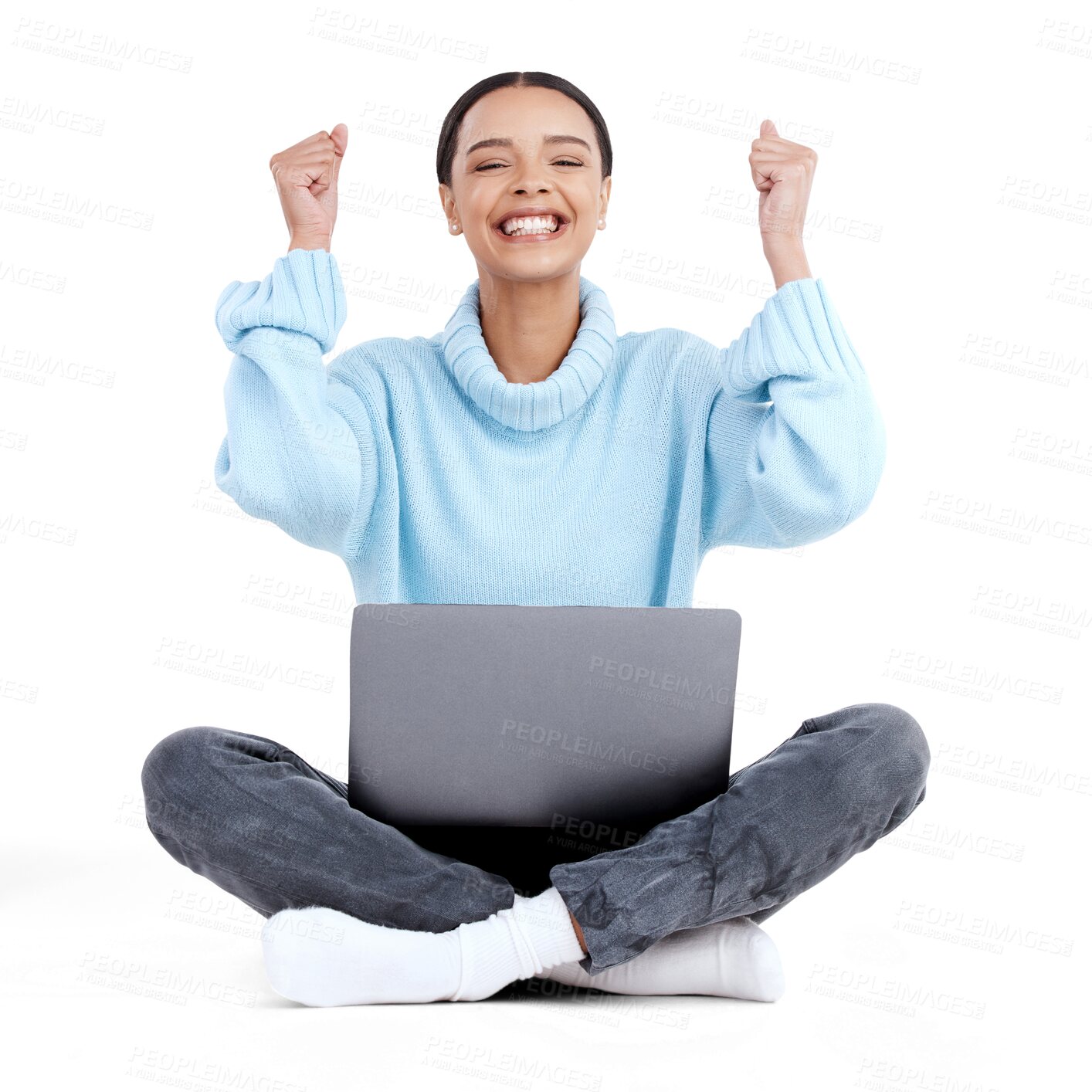 Buy stock photo Happy woman, laptop and fist in celebration for winning isolated on a transparent PNG background. Portrait of female person with technology for promotion, bonus or discount sale in victory or success