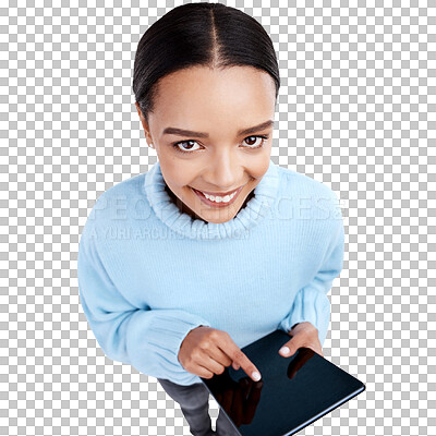 Overhead, tablet and portrait of woman press a device for internet connection isolated in a while studio background. Smile, face and happy female employee press screen to use app, web or website