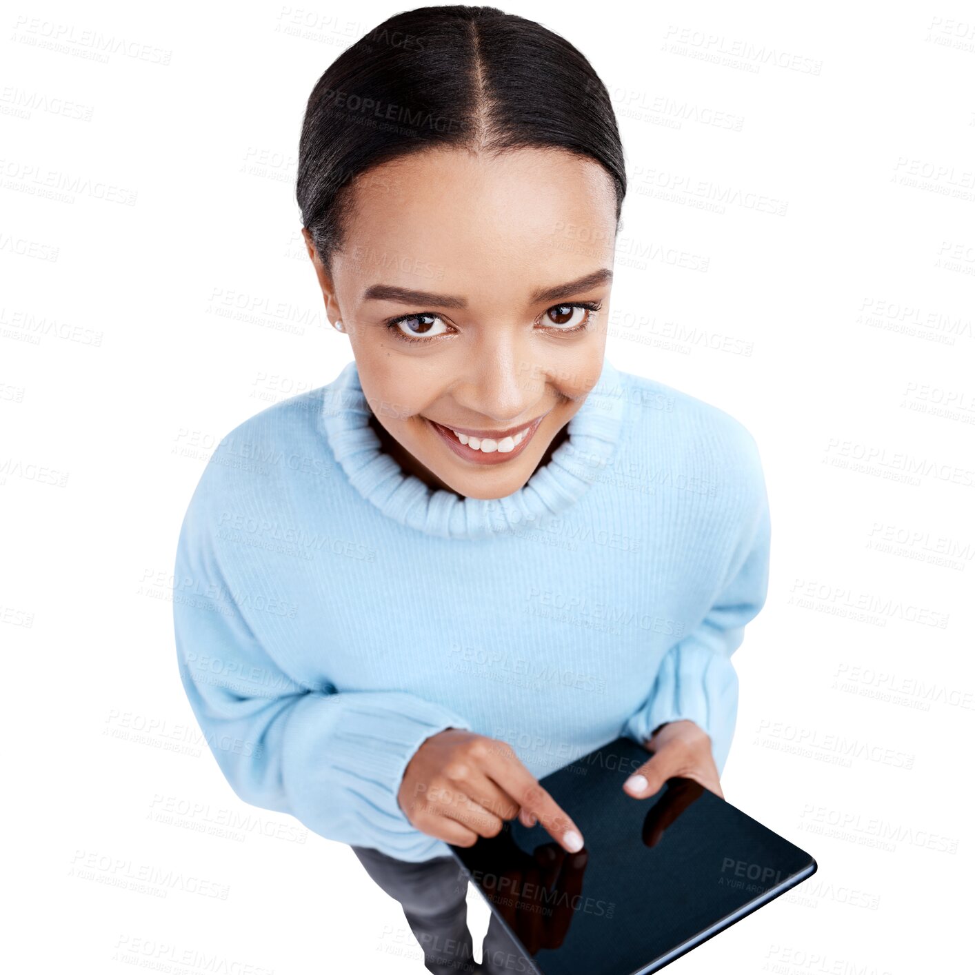Buy stock photo Online, tablet and above portrait of woman with smile on isolated, png and transparent background. Connection, networking and female person with digital tech for social media, internet and website