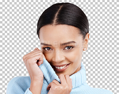 Buy stock photo Happy woman, portrait smile and shy for flirting or cute expression isolated on a transparent PNG background. Female person covering face with jersey in happiness hiding flirty reaction or surprise