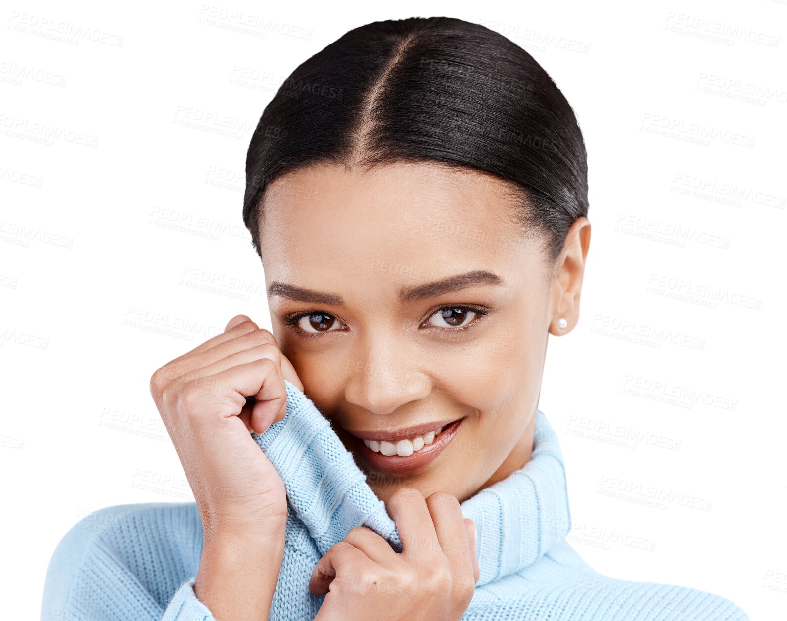 Buy stock photo Happy woman, portrait smile and shy for flirting or cute expression isolated on a transparent PNG background. Female person covering face with jersey in happiness hiding flirty reaction or surprise