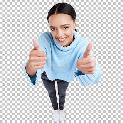 Buy stock photo Top view, happy and portrait of woman thumbs up for agreement isolated in a transparent or png background. Thank you, yes and excited young female person showing okay, accept sign or hand gesture