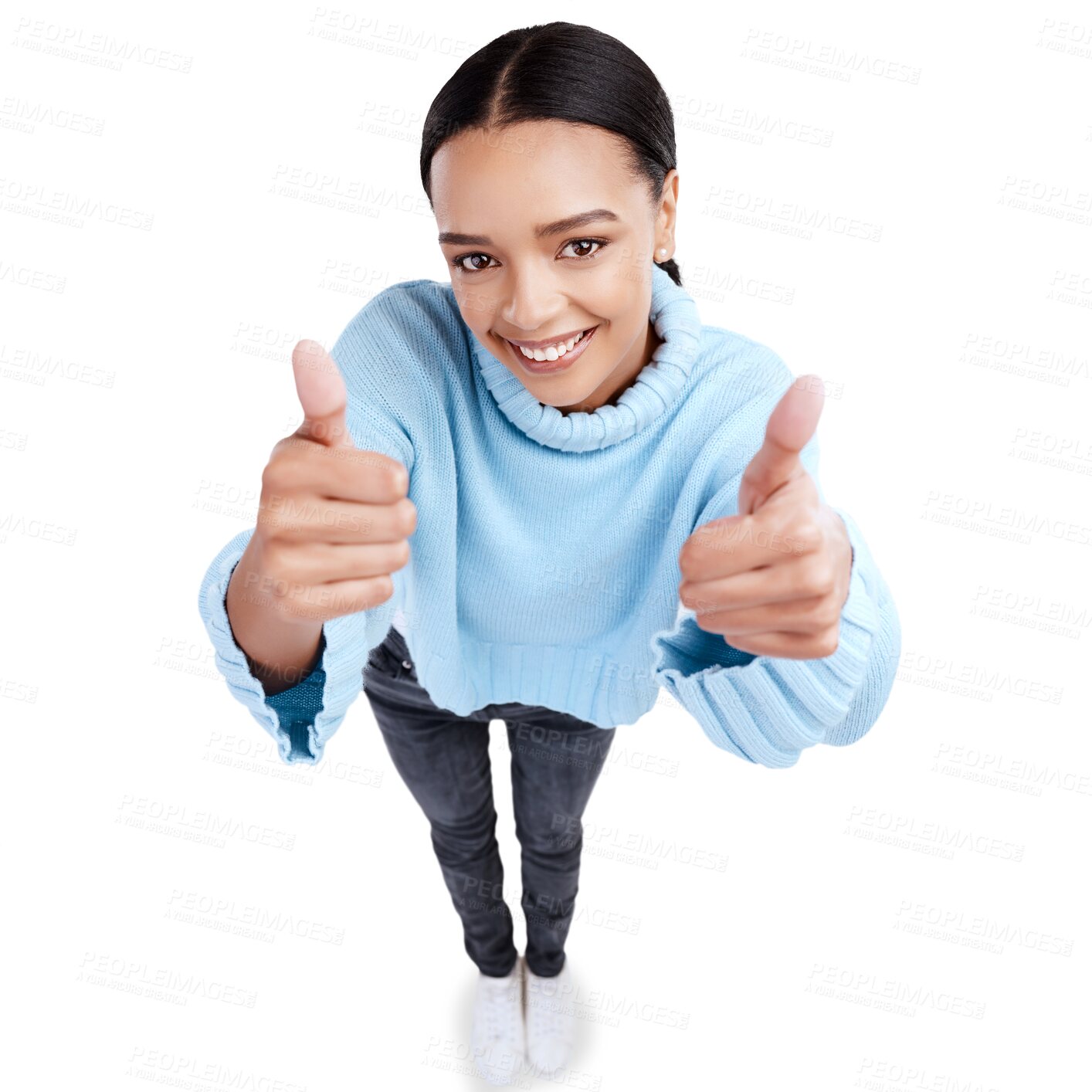 Buy stock photo Top view, happy and portrait of woman thumbs up for agreement isolated in a transparent or png background. Thank you, yes and excited young female person showing okay, accept sign or hand gesture