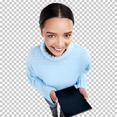 Portrait of happy woman, tablet and top view in studio, isolated white background and mockup screen. Female model, digital technology and social media app for network, internet user or download ebook
