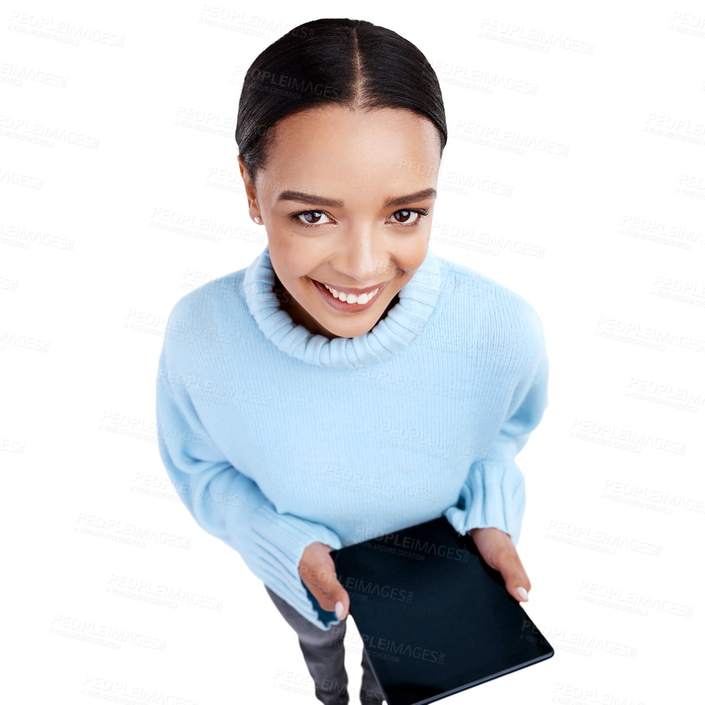 Buy stock photo Happy, tablet and above portrait of woman with smile on isolated, png and transparent background. Connection, networking and female person with digital tech for social media, internet and website