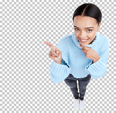 Buy stock photo Top view, excited and portrait of woman pointing at promotion, sale and isolated in a transparent or png background. Discount, promo and happy young female person showing a deal with a smile