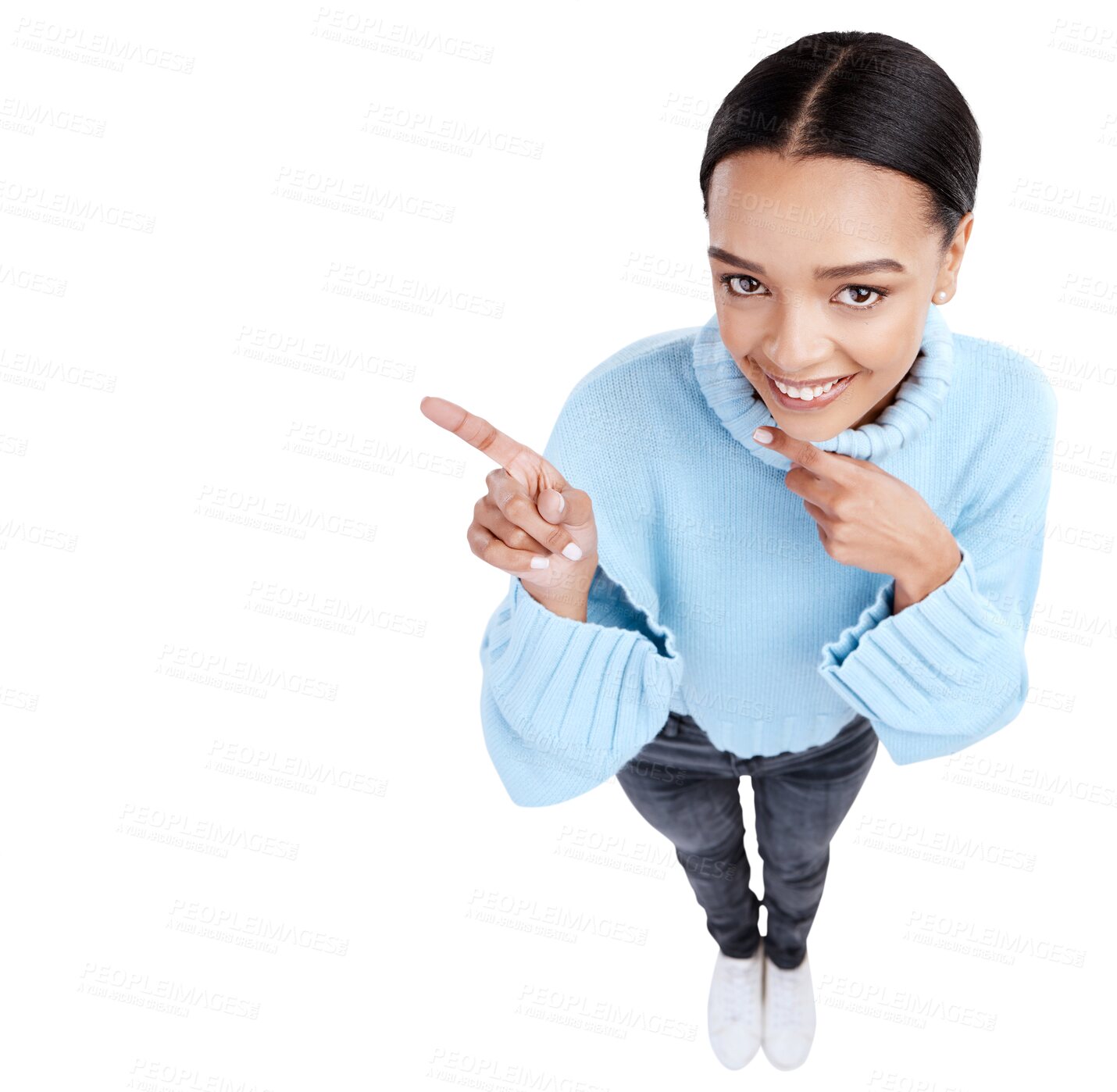 Buy stock photo Top view, excited and portrait of woman pointing at promotion, sale and isolated in a transparent or png background. Discount, promo and happy young female person showing a deal with a smile