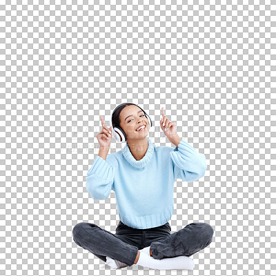 Relax music, portrait and happy woman point at radio sales promotion, advertising space or audio podcast mockup. Marketing commercial, studio and sound streaming female listening on white background
