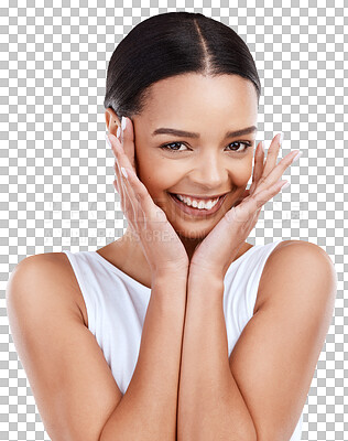 Woman, surprise and hands with studio portrait, excited face and happy for beauty, wellness and fashion. Student, girl and young model with wow facial expression by white background for happiness