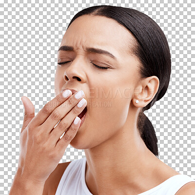 Hand, yawn and tired woman in studio with fatigue, exhaustion and burnout against white background. Yawning, sleepy and girl with insomnia problem, low energy and lazy, bored and emoji while isolated