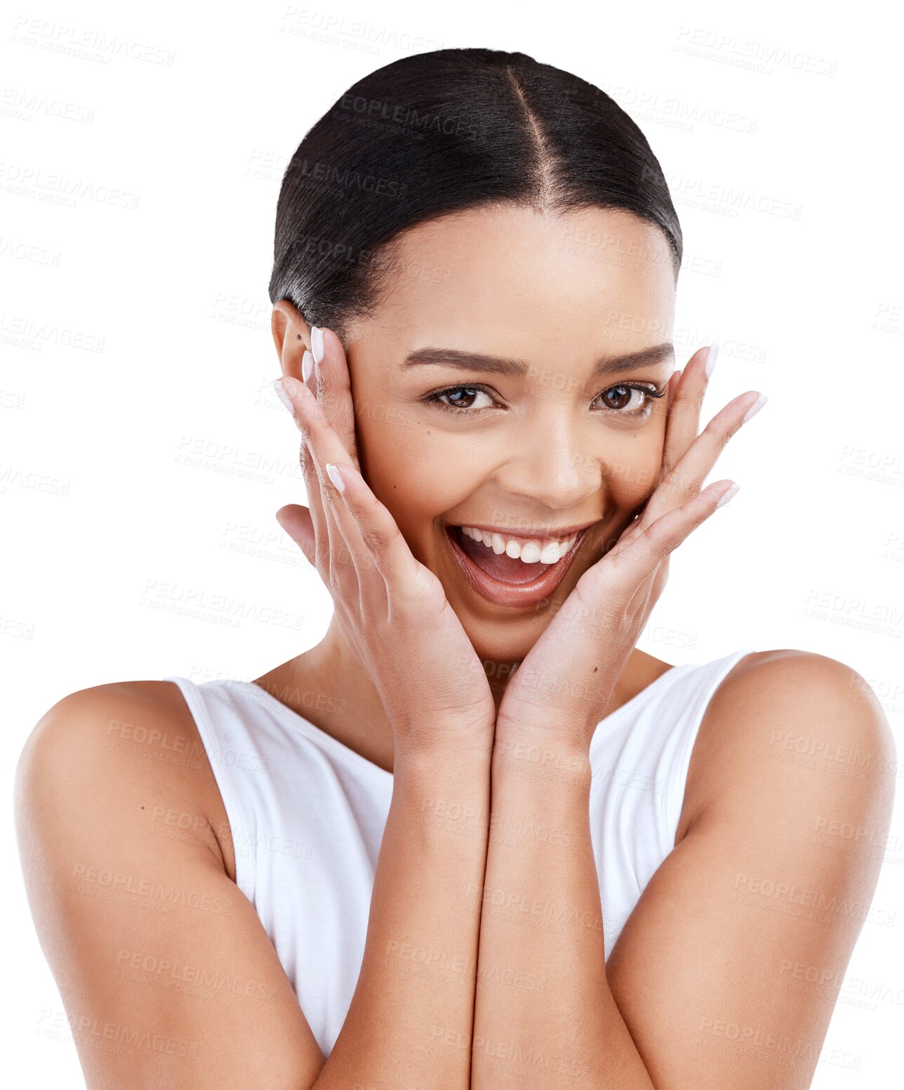 Buy stock photo Happy news, portrait and woman surprise with notification, announcement and react to information, gossip or alert. Excited winner, wow and shocked person face isolated on transparent, png background