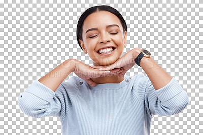 Buy stock photo Smile, hands and face of woman isolated on a transparent png background for casual style, good mood and funny personality. Happy young female model with confidence, emoji and proud facial expression