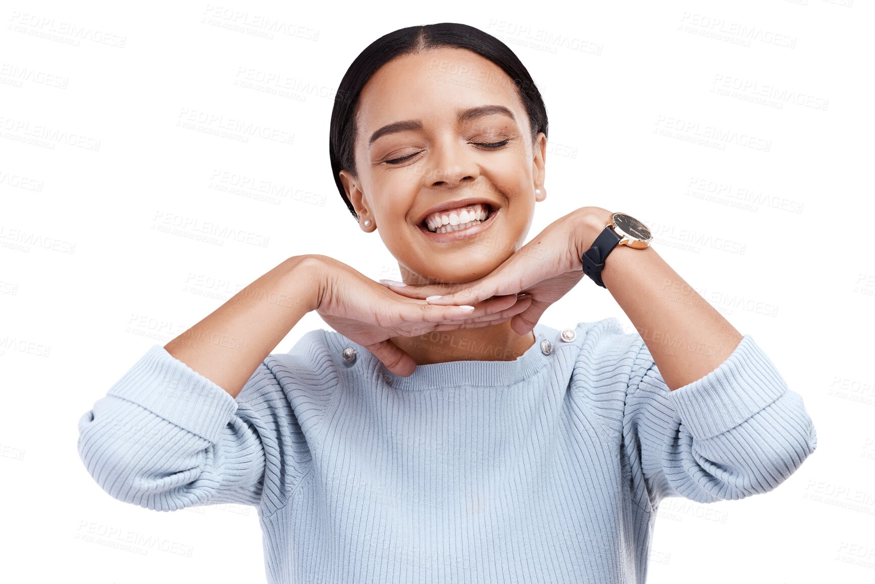 Buy stock photo Smile, hands and face of woman isolated on a transparent png background for casual style, good mood and funny personality. Happy young female model with confidence, emoji and proud facial expression
