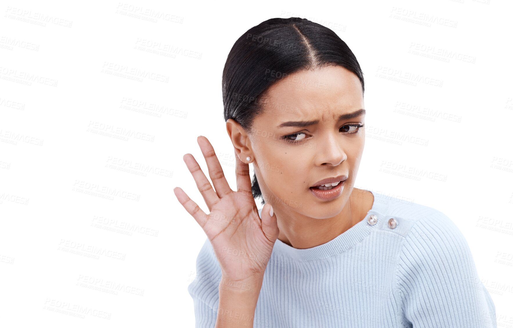 Buy stock photo Hands, ear and woman with listen, whisper or hearing secret, gossip or news on isolated, transparent and png background. Confused, what and female with emoji sign for deaf, speak up or volume gesture