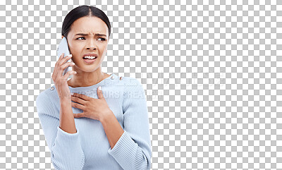 Confused, phone call and shocked woman with mobile glitch or internet problem online isolated in a studio white background. Angry, annoyed and female with error on a cellphone conversation