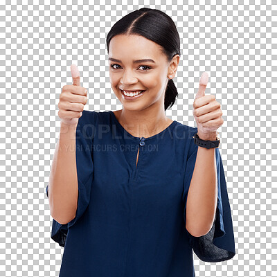 Thumbs up, portrait and woman isolated on a white background success, thank you and support, like or vote. Winner business person with yes, ok and agreement hands sign or emoji for winning in studio