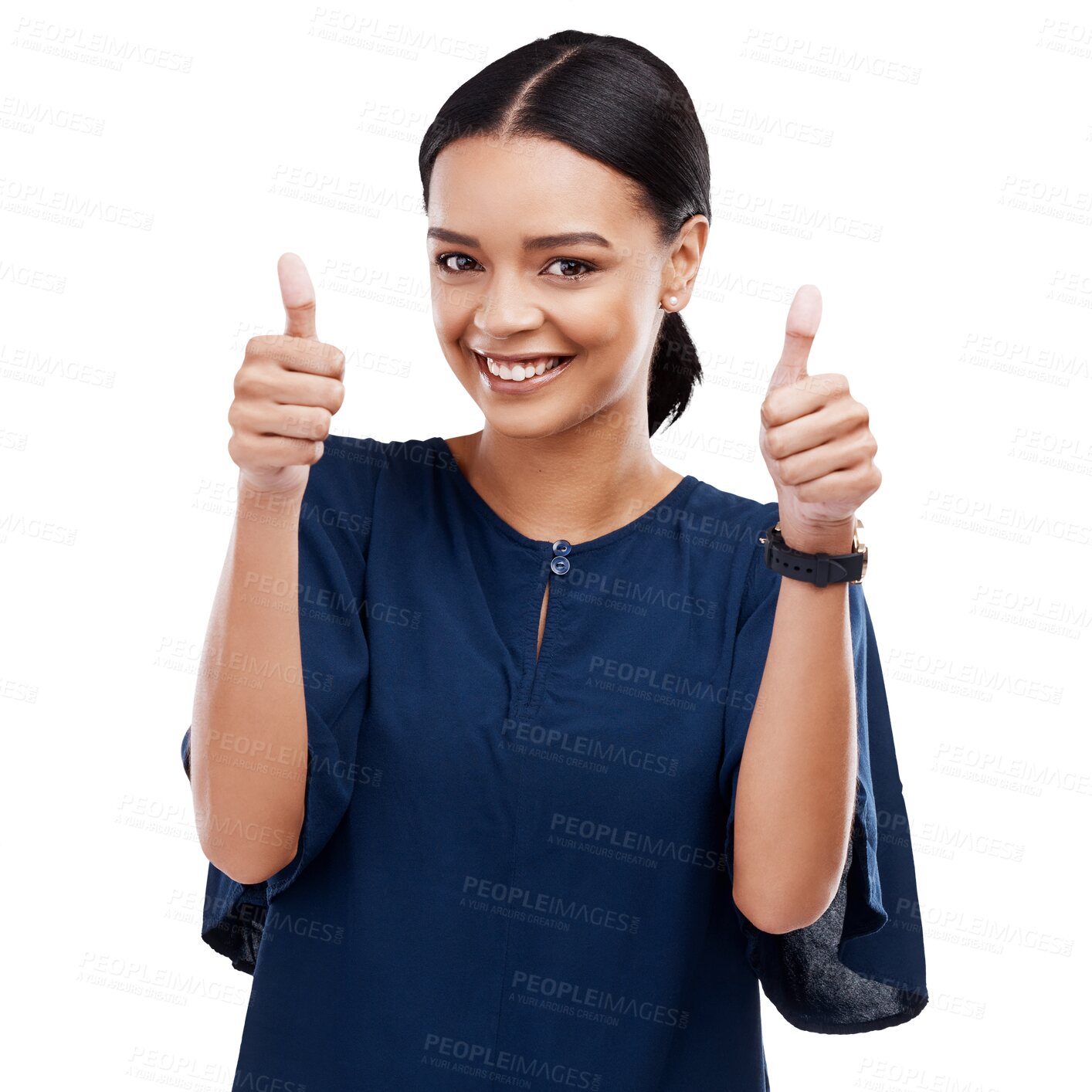 Buy stock photo Happy business woman, portrait and thumbs up for success isolated on a transparent PNG background. Female person or employee smile with like emoji, yes sign or approval for winning, okay or good job