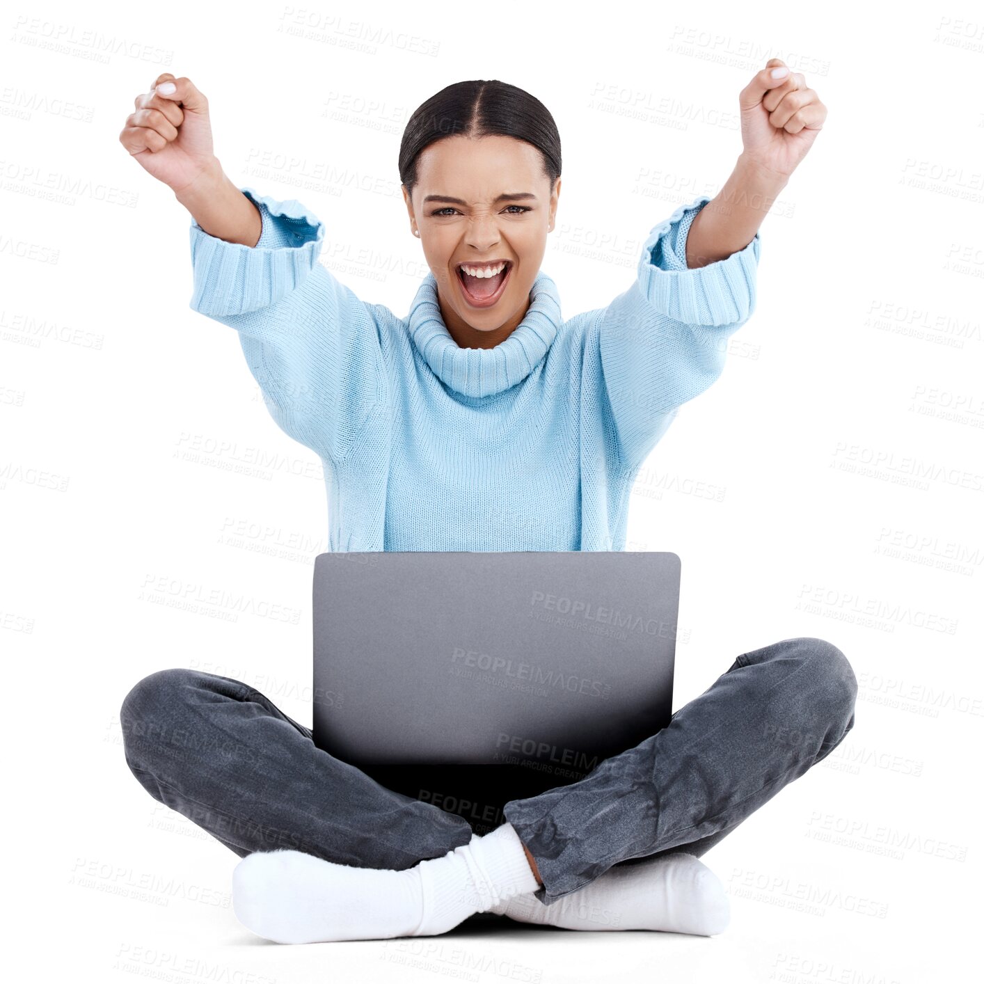 Buy stock photo Happy woman, portrait and laptop in celebration for winning isolated on a transparent PNG background. Female person and technology in bonus, promotion or discount sale for victory, success or prize