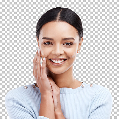Smile, face and portrait of woman on a white background for self love, confidence and happiness in studio. Skincare, wellness mockup and isolated happy girl with natural makeup, cosmetics and beauty