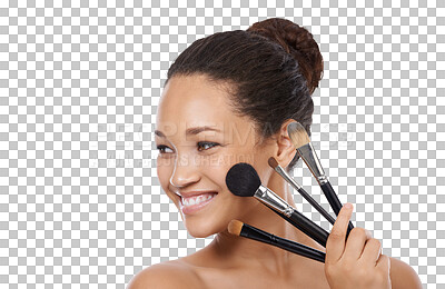 Buy stock photo Smile, woman and makeup brush set for face, cosmetics or aesthetic tools isolated on transparent png background. Happy female model, facial beauty and thinking with collection of skincare products