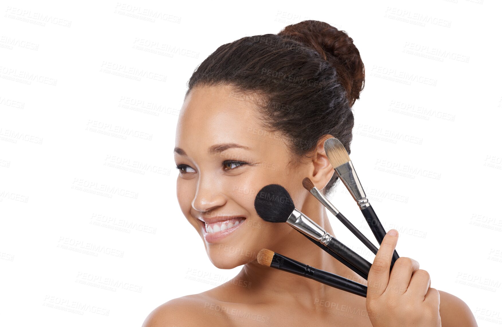 Buy stock photo Smile, woman and makeup brush set for face, cosmetics or aesthetic tools isolated on transparent png background. Happy female model, facial beauty and thinking with collection of skincare products