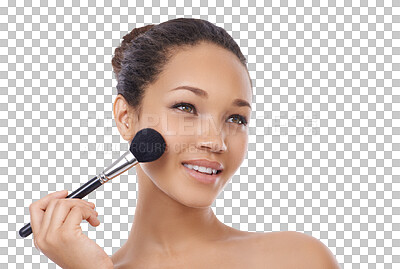 Buy stock photo Woman, brush or makeup of cheek cosmetics, aesthetic tools or isolated on transparent png background. Happy female model, thinking and brushing beauty product, face foundation or skincare application