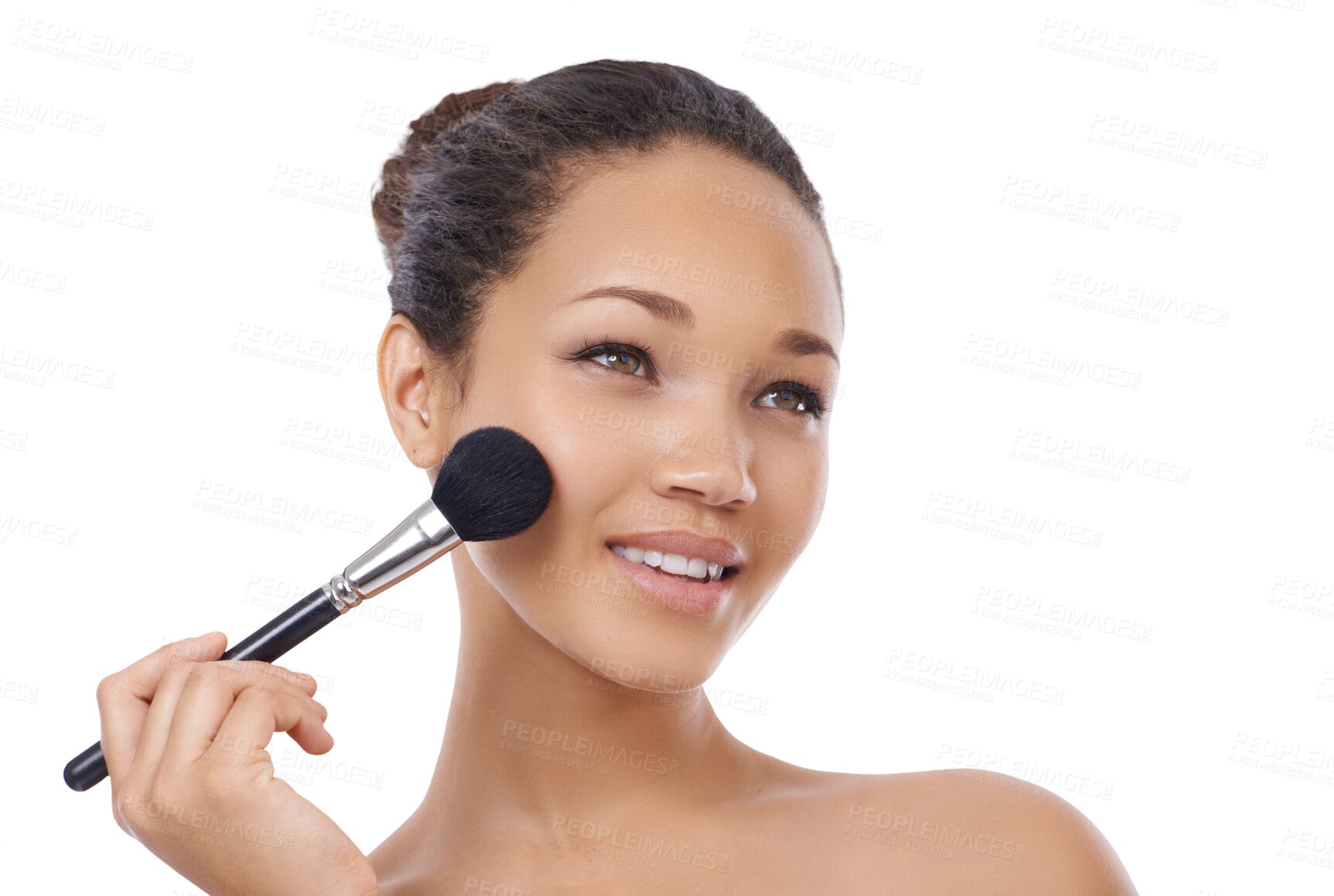 Buy stock photo Woman, brush or makeup of cheek cosmetics, aesthetic tools or isolated on transparent png background. Happy female model, thinking and brushing beauty product, face foundation or skincare application