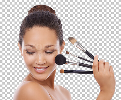 Buy stock photo Beauty, makeup and brushes with face of woman on png for cosmetics, self care and glow. Product, salon and facial with person isolated on transparent background for foundation, blush and tools