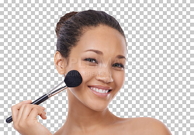 Buy stock photo Makeup brush, beauty portrait and happy woman with cosmetics product, skincare wellness or foundation application. Facial glow, self care and person face smile isolated on transparent, png background