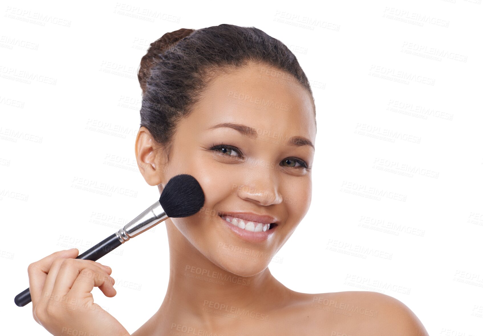 Buy stock photo Makeup brush, beauty portrait and happy woman with cosmetics product, skincare wellness or foundation application. Facial glow, self care and person face smile isolated on transparent, png background