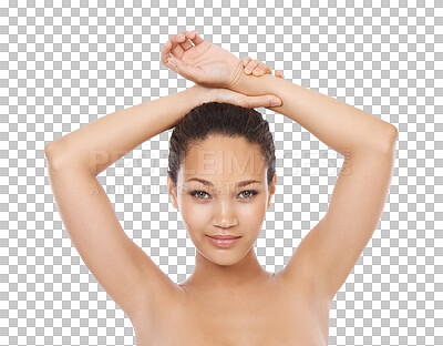 Buy stock photo Natural beauty, wellness and woman portrait with armpit epilation and hair removal. Skincare, cosmetics and young female person isolated on a transparent, png background of a model with underarm