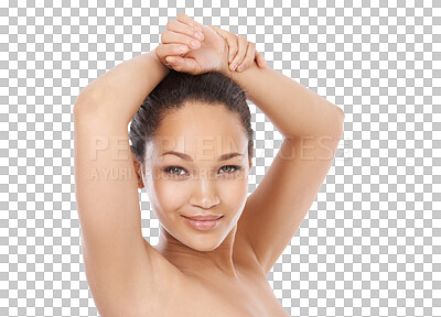 Buy stock photo Natural beauty, armpit and woman portrait with wellness epilation and hair removal. Skincare, underarm and young female person isolated on a transparent, png background of a model with cosmetics