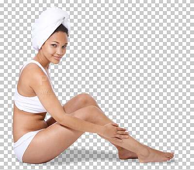 Buy stock photo Portrait, happy or woman depilation, legs cleaning routine or smile for morning skincare or body hygiene. Bathroom wellness, beauty or relax person grooming isolated on transparent, png background